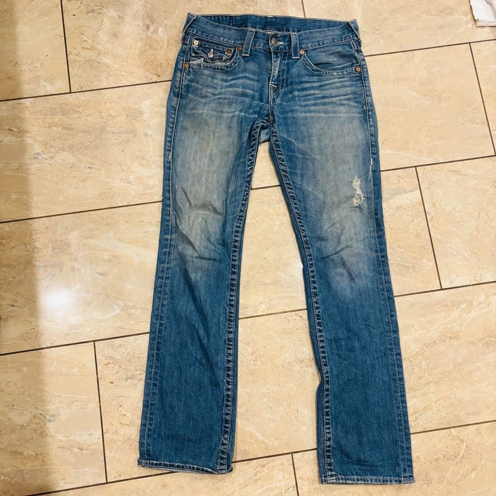 True Religion Mens Blue Straight Leg Jeans 30x32 World Tour Vintage Y2K Distress